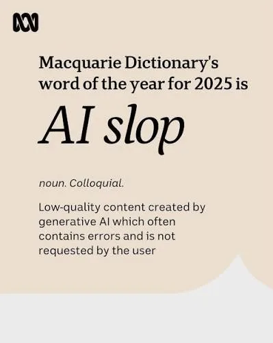 ABC News graphic: Macquarie Dictionary's word of the year for 2025 is AI slop