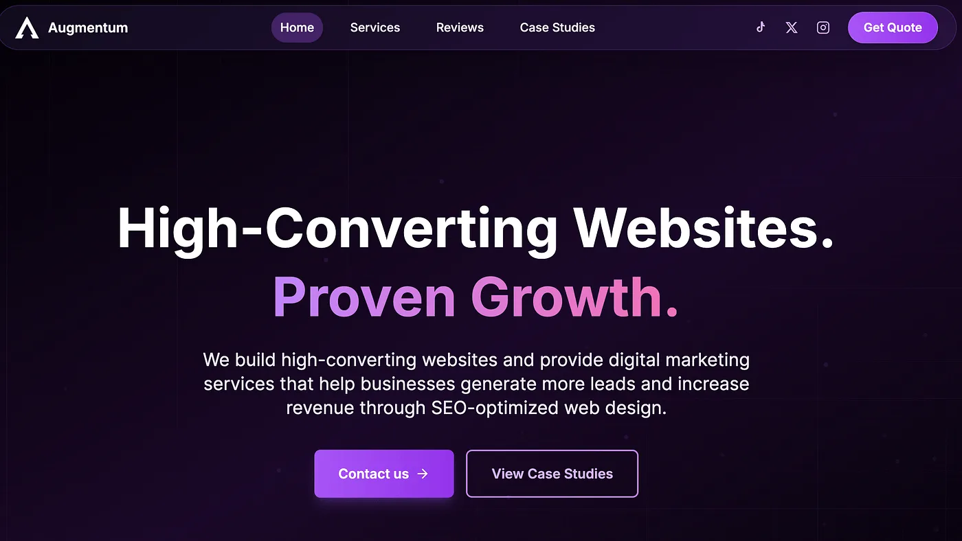 A dark website hero with a purple-to-pink gradient headline reading High-Converting Websites. Proven Growth.