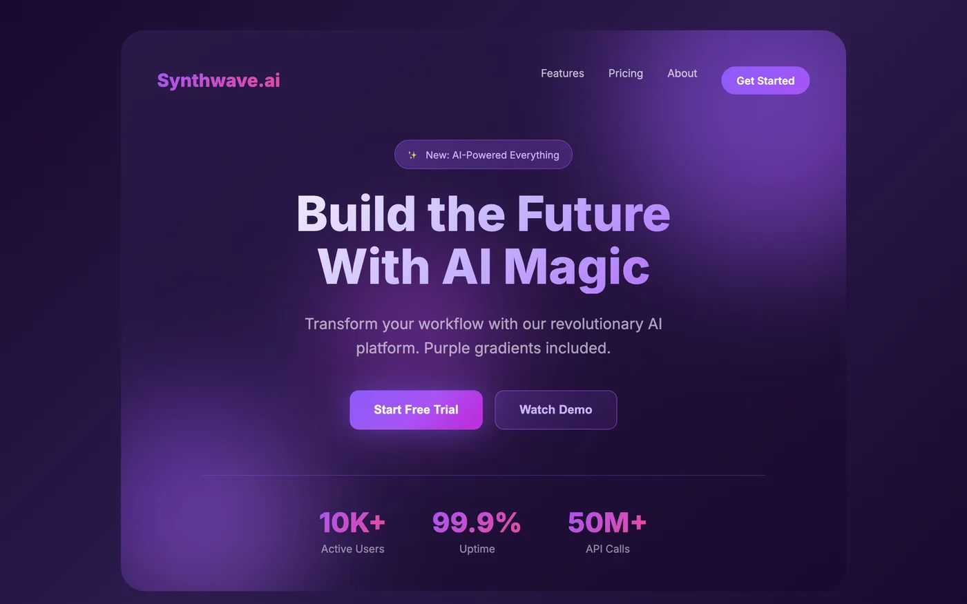 A generic SaaS hero reading Build the Future With AI Magic over a purple gradient, with badge and vanity stats