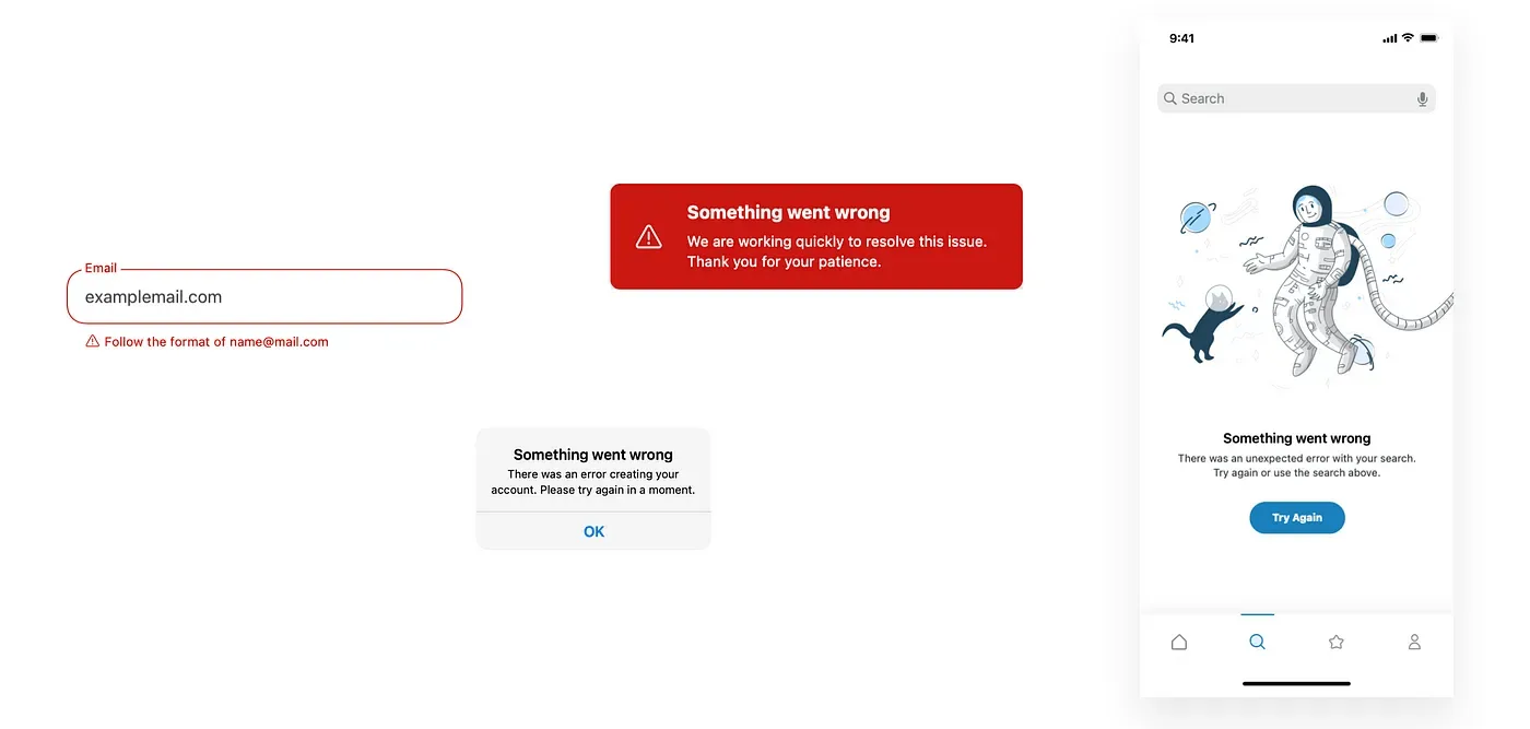 Examples of error and empty states: an inline form validation error, a red error banner, an alert dialog, and an illustrated empty search state