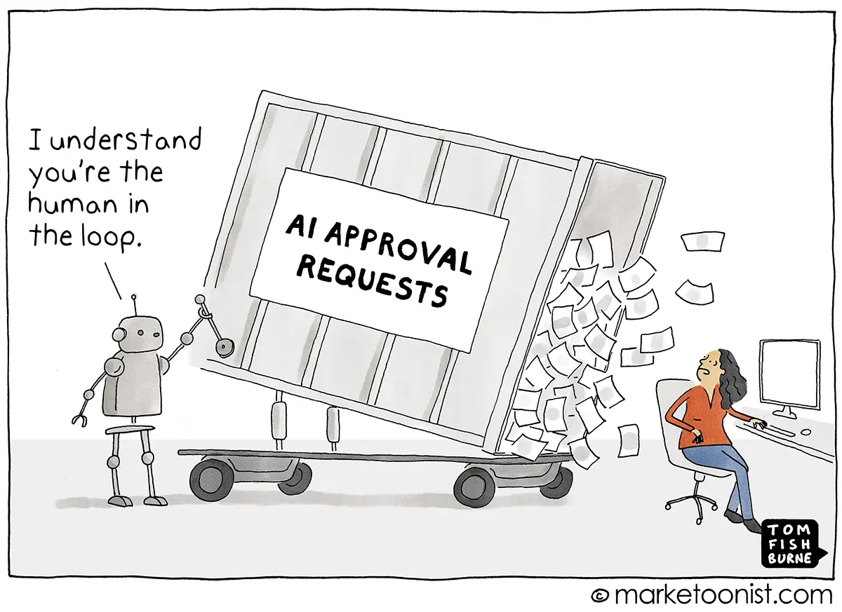 Marketoonist cartoon: a robot wheels in an overflowing bin of AI approval requests, saying I understand you're the human in the loop