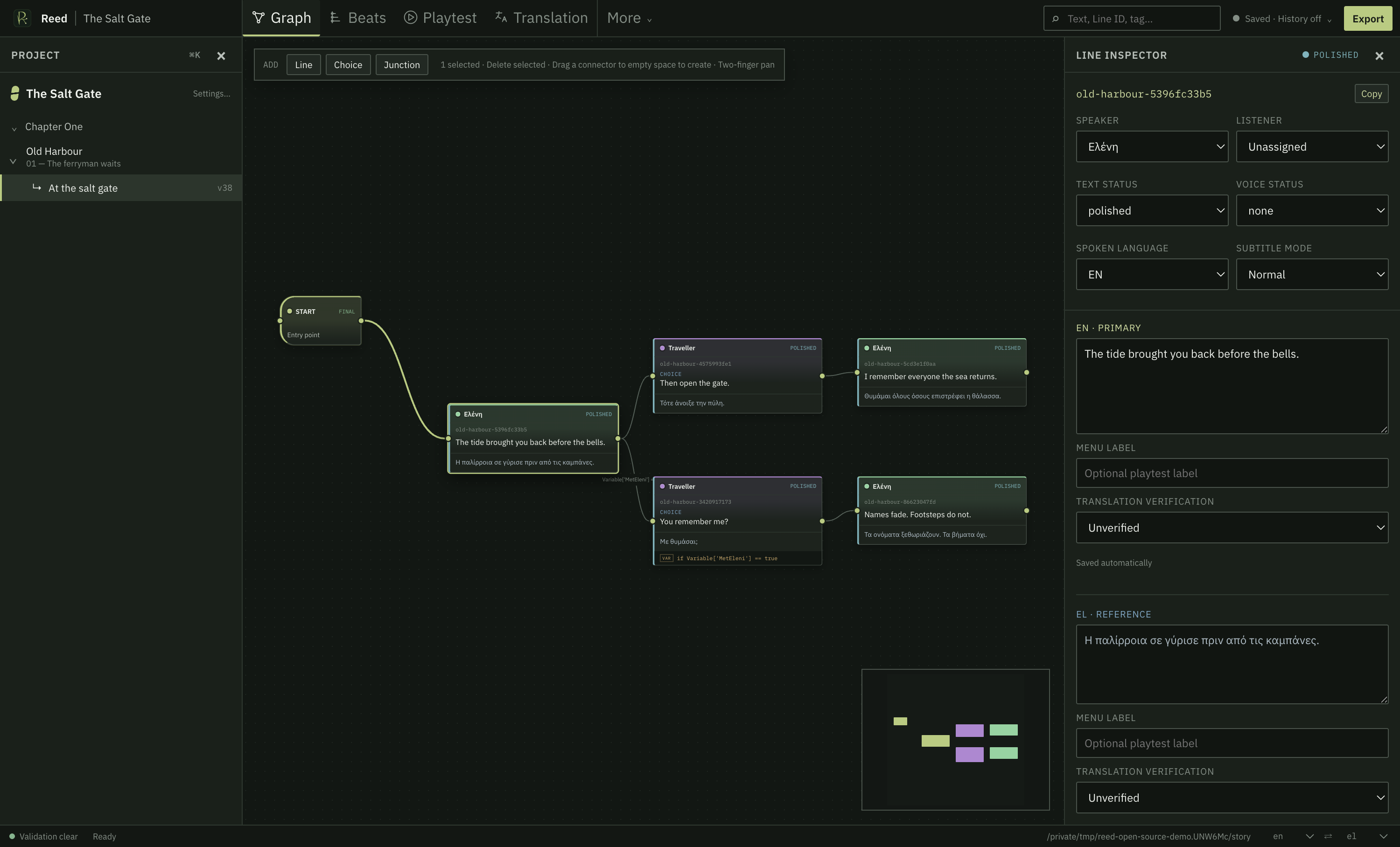 Reed graph workspace on macOS with a multilingual branching conversation