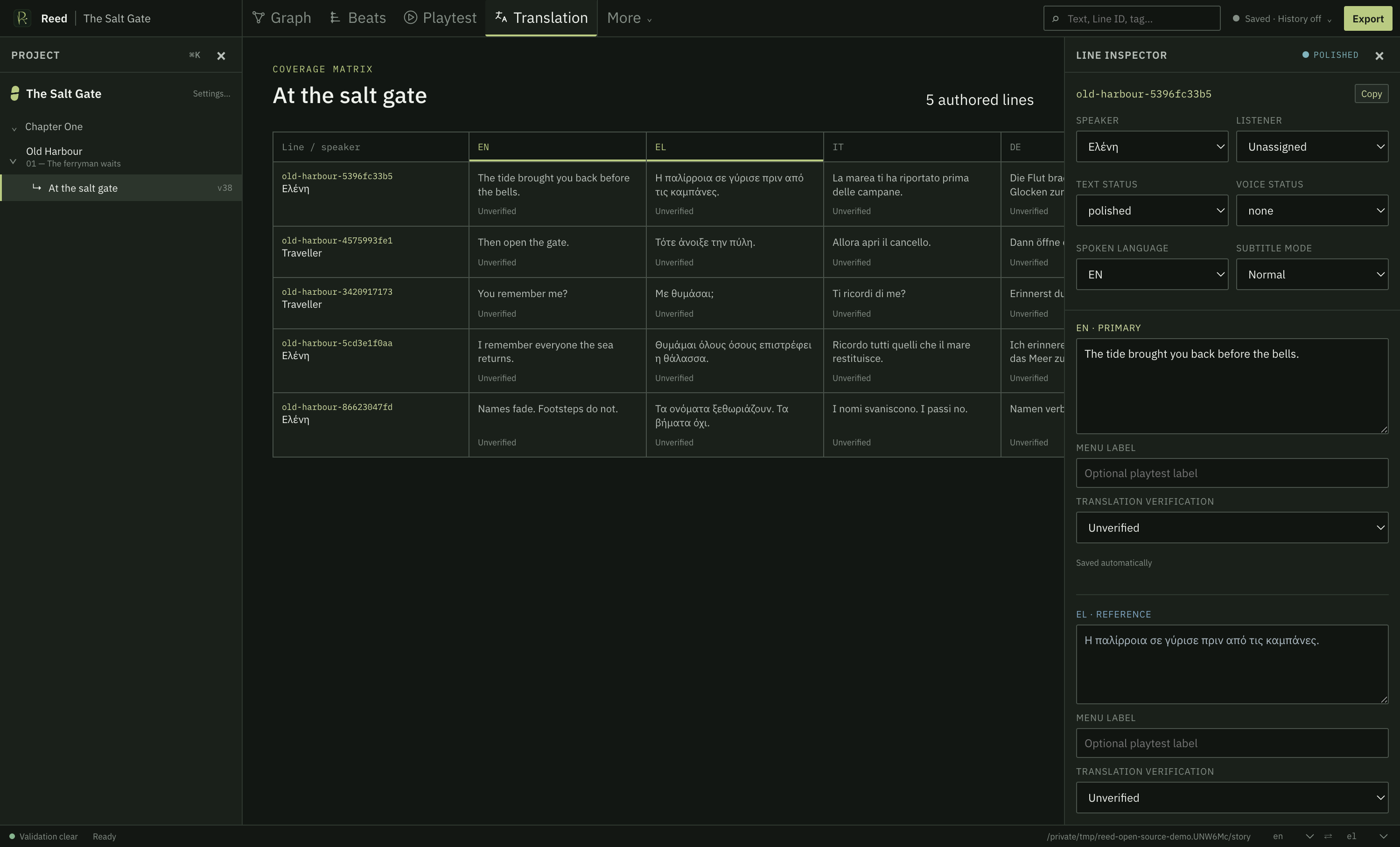 Reed translation workspace showing multilingual dialogue coverage