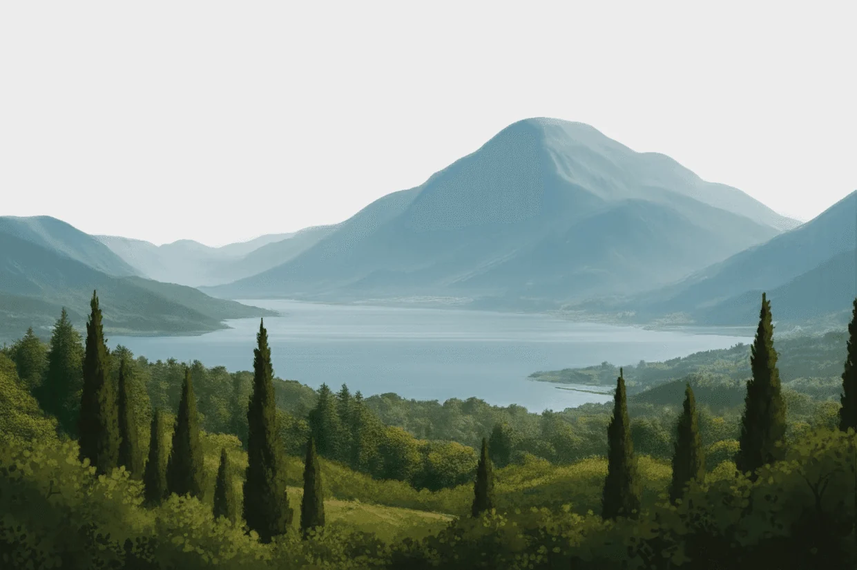 Painted Kefalonian valley of cypress, olive groves, and blue mountains above the Ionian Sea